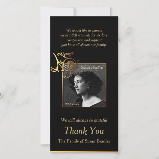 花の写真の悔やみや弔慰は金ゴールドの配管との感謝していしています サンキューカード (正面)