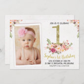 花の写真の第1誕生日のパーティの招待状 招待状 (正面/裏面)