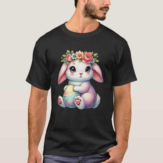 花の冠とイースターバニー女の子の女性フローラ Tシャツ (正面)
