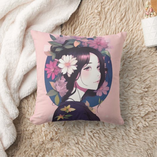 花の冠をかぶった美しいアニメの少女 クッション (ブランケット)