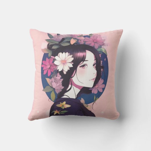 花の冠をかぶった美しいアニメの少女 クッション (裏面)