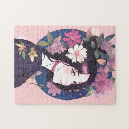花の冠をかぶった美しいアニメの少女 ジグソーパズル (横)