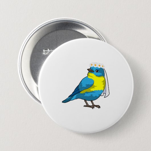 花の冠を被った花嫁としての鳥 缶バッジ (正面&裏面)