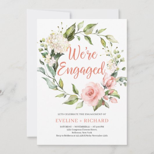 花の冠 バラの花束 ハイドランジアのエンゲージメント 招待状 (正面)