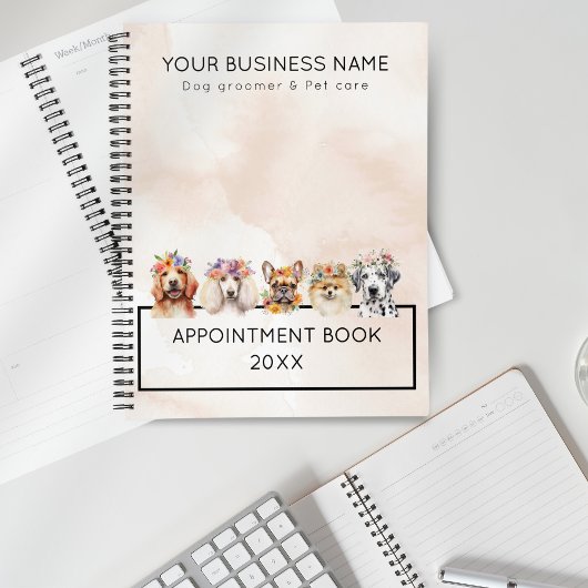 花の冠、水色ベージュで愛らしい犬 プランナー手帳