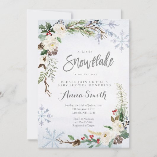 花の冬の雪の結晶は赤ちゃんシャワーの途中にある 招待状 (正面)