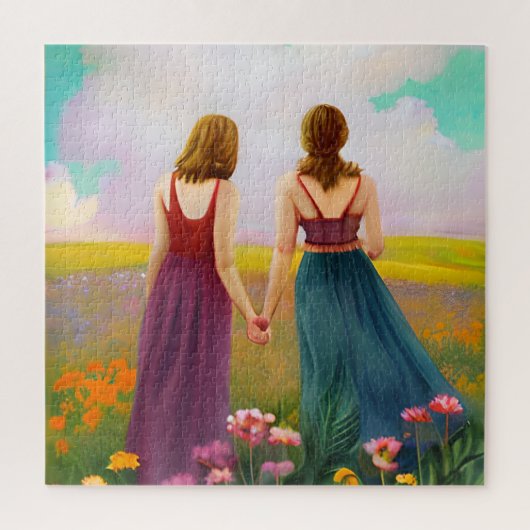 花の分野で美しいレズビアン・カップル ジグソーパズル (縦)