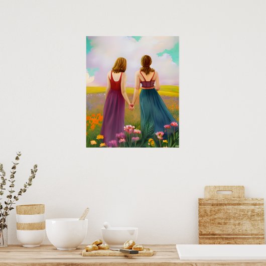 花の分野で美しいレズビアン・カップル ポスター (キッチン)