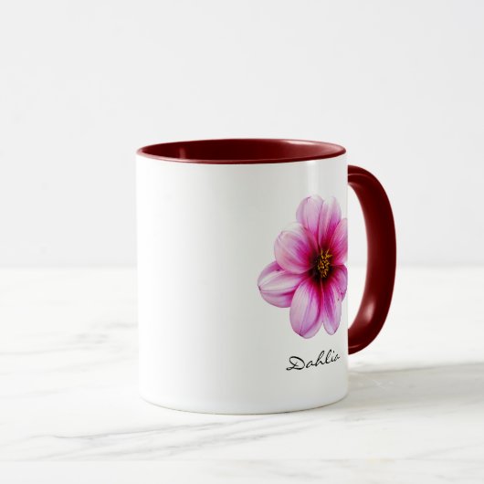 花の名前のピンクのダリアの庭の写真 マグカップ (正面右)