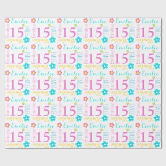 花の名前をカスタムするのEmileeの年齢15の誕生日の覆い ラッピングペーパー (フラット)
