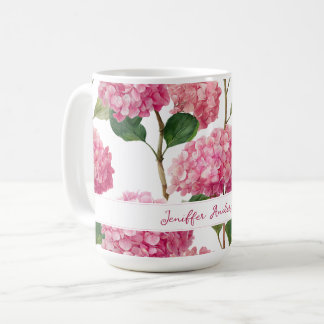 花の名前を入れたピンクのハイドランジア コーヒーマグカップ