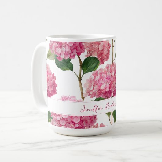 花の名前を入れたピンクのハイドランジア コーヒーマグカップ (正面左)