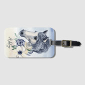 花の名前を持つ灰色の青いパーソナライズされた馬 ラゲッジタグ (正面横)