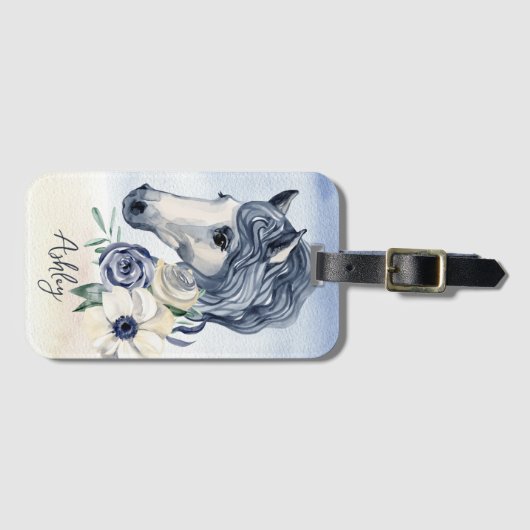 花の名前を持つ灰色の青いパーソナライズされた馬 ラゲッジタグ (正面横)