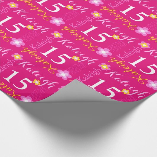 花の名前入りな一流の年齢の第15誕生日の覆い ラッピングペーパー (角)