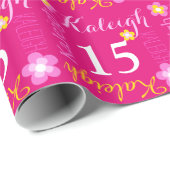 花の名前入りな一流の年齢の第15誕生日の覆い ラッピングペーパー (ロールコーナー)