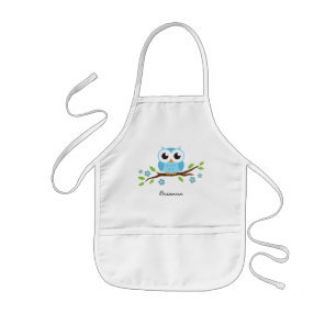 花の名前入りな名前の枝の青いフクロウ 子供用エプロン