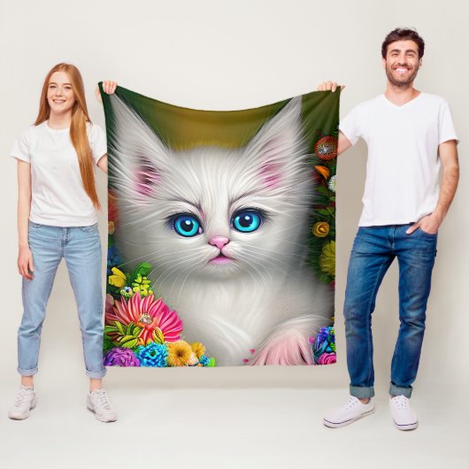 花の咲いた白い子猫 フリースブランケット (インサイチュ)