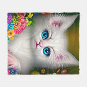 花の咲いた白い子猫 フリースブランケット (正面(横))