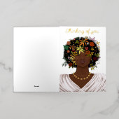 花の咲くアフロフォイルのカードを持カスタムつ女性 箔シーズンカード (外側レイダウン)