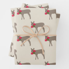 花の咲くクリスマスの鹿 ラッピングペーパーシート