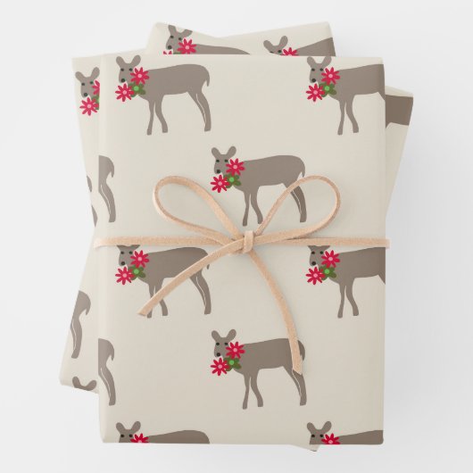 花の咲くクリスマスの鹿 ラッピングペーパーシート (インサイチュ)