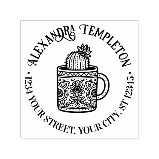 花の咲くサボテンのコーヒーカップ #1P 名前 返送先住所 セルフインキングスタンプ (デザイン)