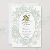 花の咲くセージグリーンのパーフェクトペアの梨のブライダルシャワー 招待状 (正面)