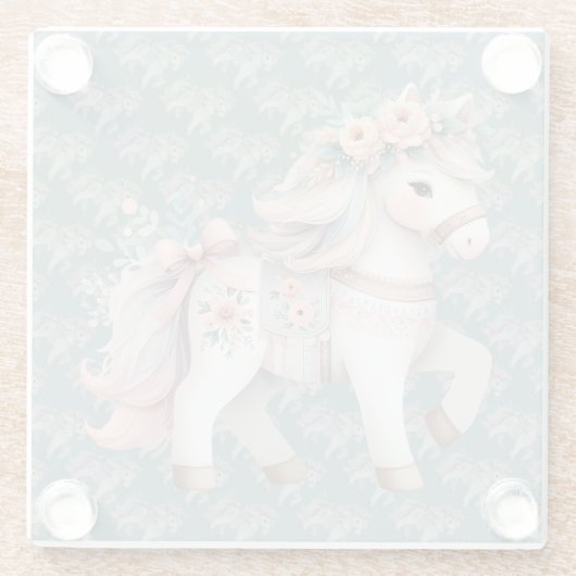 花の咲くパステルカラーの馬の幻想的なイラスト ガラスコースター (裏面)