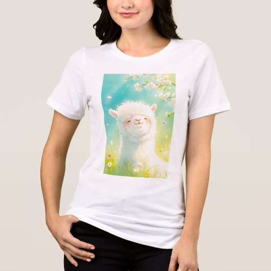花の咲く中で日向ぼっこするアルパカ トライブレンドTシャツ (正面)