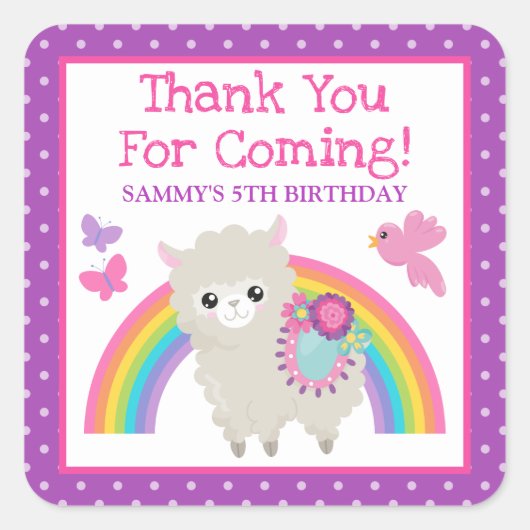 花の咲く春のラマと虹の誕生日 スクエアシール (正面)