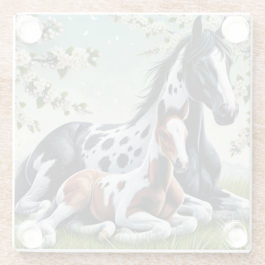 花の咲く木々の間で休む馬と馬 ガラスコースター (裏面)