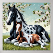 花の咲く木々の間で休む馬と馬 ポスター (正面)