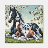 花の咲く木々の間で休む馬と馬 マグネット (正面)