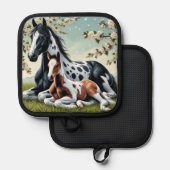 花の咲く木々の間で休む馬と馬 鍋敷き (正面/裏面)