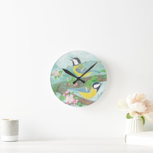 花の咲く木の枝で歌う鳥 ラウンド壁時計 (ホーム)