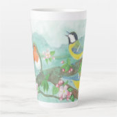 花の咲く木の枝で鳥が歌う カフェラテマグ (正面)