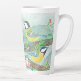 花の咲く木の枝で鳥が歌う カフェラテマグ