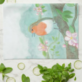 花の咲く木の枝で鳥が歌う キッチンタオル (折り畳み)