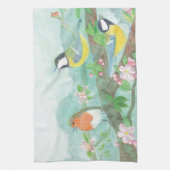 花の咲く木の枝で鳥が歌う キッチンタオル (縦)