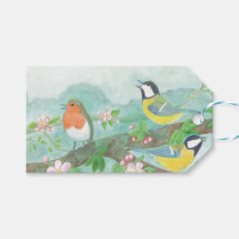 花の咲く木の枝で鳥が歌う ギフトタグ