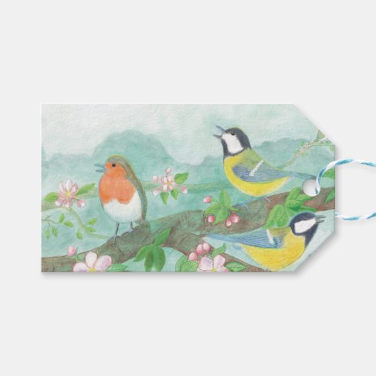 花の咲く木の枝で鳥が歌う ギフトタグ (正面(横))