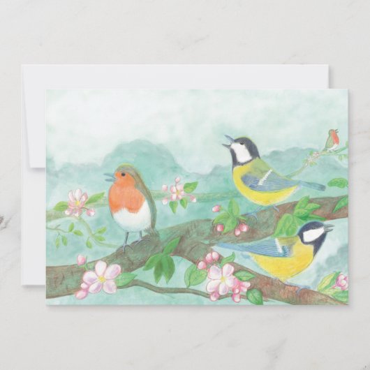 花の咲く木の枝で鳥が歌う シーズンカード (正面)