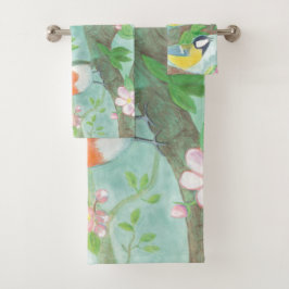 花の咲く木の枝で鳥が歌う バスタオルセット