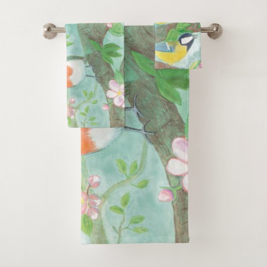花の咲く木の枝で鳥が歌う バスタオルセット (インサイチュ)