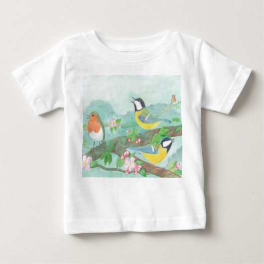 花の咲く木の枝で鳥が歌う ベビーTシャツ (正面)