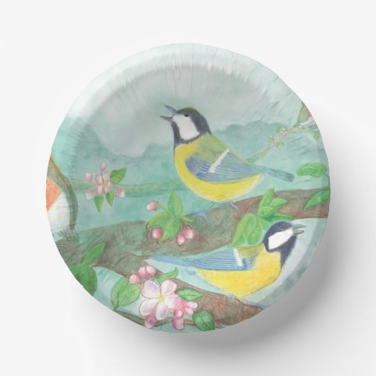 花の咲く木の枝で鳥が歌う ペーパーボウル (正面)