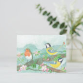 花の咲く木の枝で鳥が歌う ポストカード (スタンド正面)