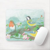 花の咲く木の枝で鳥が歌う マウスパッド (マウス)