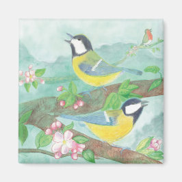 花の咲く木の枝で鳥が歌う マグネット